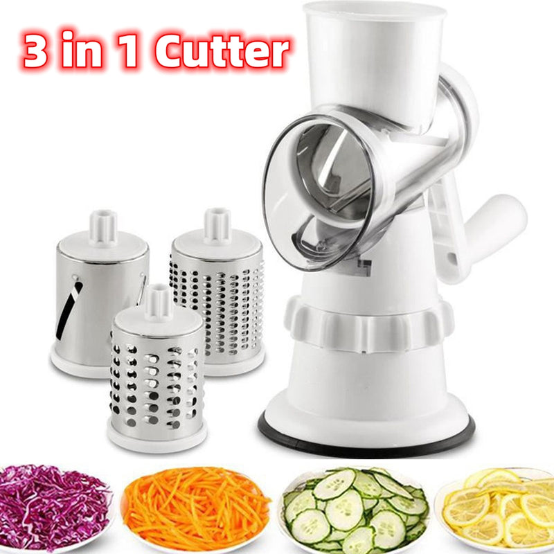 3-in-1 Rotary Vegetable Grater Slicer - Manual Round Mandoline Chopper for Potatoes & Carrots
